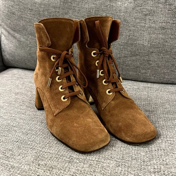 Marion Parke Stevie Suede Lace Up Boots Sz 9 Block Heel Tan Brown Ankle Booties - Picture 4 of 16